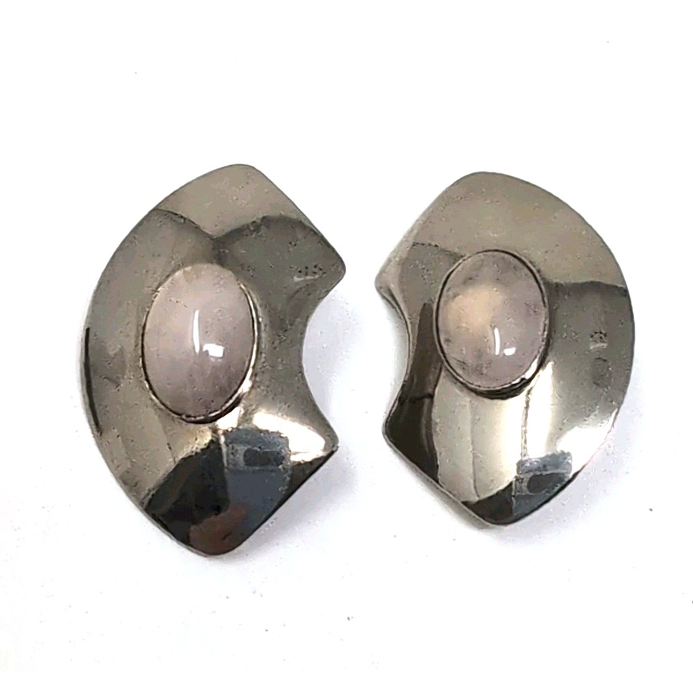 Vintage Abstract Modernist Post Earrings Rose Quartz Cabochons Silver-Tone